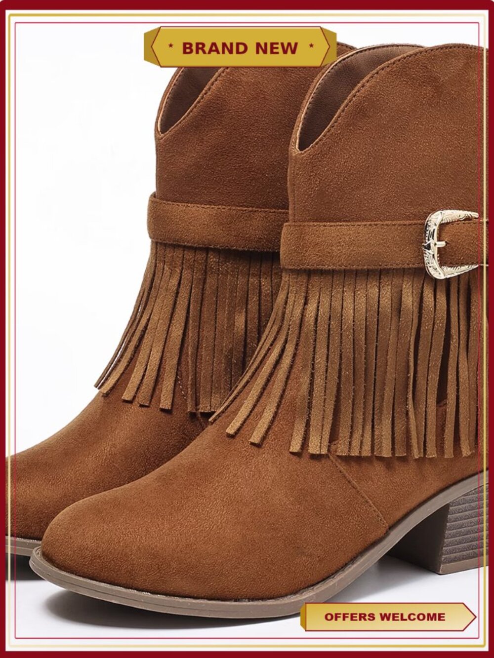 Women's Fringe Cowboy Boots Round Toe Low Heel Western Booties